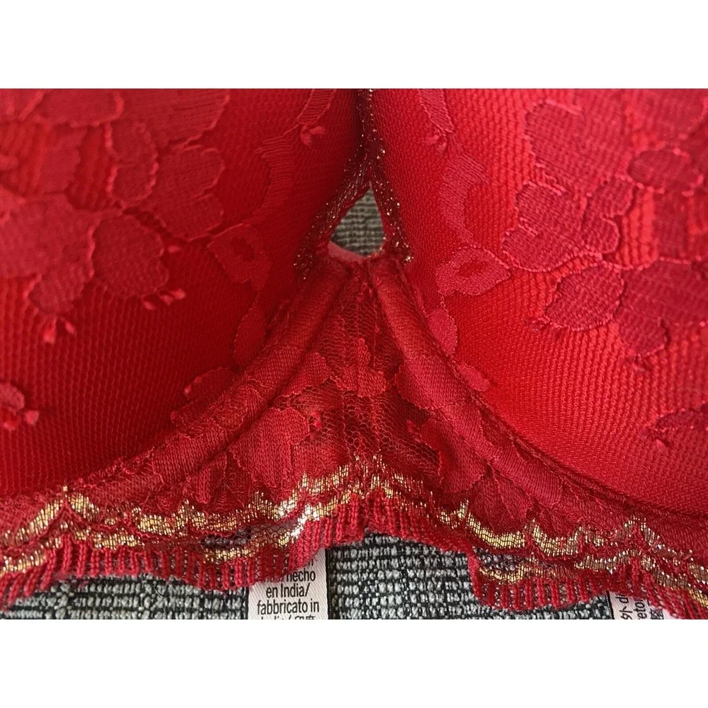 Victoria's Secret Red Lace Gold Trim Push-Up Bra 34D Underwire‎ Padded Lingerie